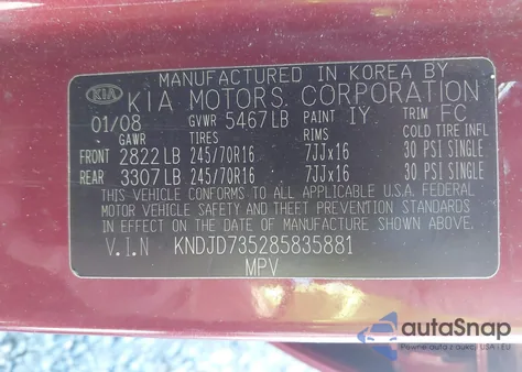 2008 Kia Sorento Lx z USA, uszkodzony, nr VIN KNDJD735285835881